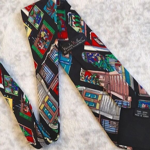 VTG 90s Nicole Miller Christmas In The City Print Hand Sewn Silk Neck Tie - Picture 14 of 14
